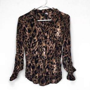 H&M Black Brown Patterned Button Down Long Sleeve Blouse – Size 2